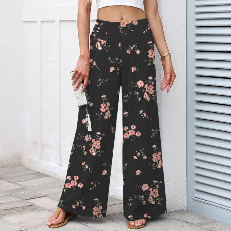 Buddha Stones Pantalon large pour femme en coton et lin à motif rose vintage, taille élastique et poches - image 1
