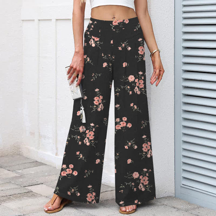 Buddha Stones Pantalon large pour femme en coton et lin à motif rose vintage, taille élastique et poches - image 1