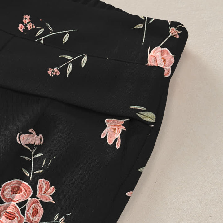 Buddha Stones Pantalon large pour femme en coton et lin à motif rose vintage, taille élastique et poches - image 3