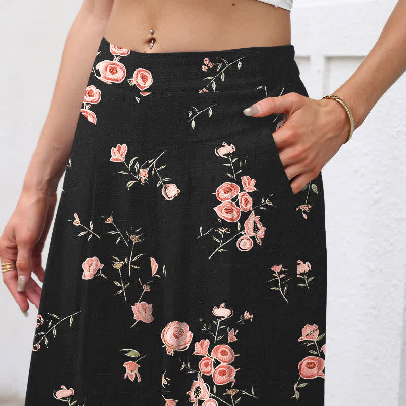 Buddha Stones Pantalon large pour femme en coton et lin à motif rose vintage, taille élastique et poches - image 2