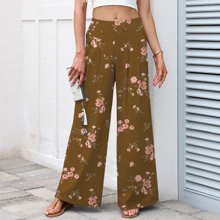 Buddha Stones Pantalon large pour femme en coton et lin à motif rose vintage, taille élastique et poches - image 6
