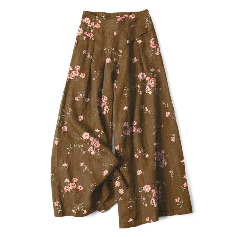 Buddha Stones Pantalon large pour femme en coton et lin à motif rose vintage, taille élastique et poches - Terre de sienne - US16，UK/AU20，EU48 (3XL) - image 5