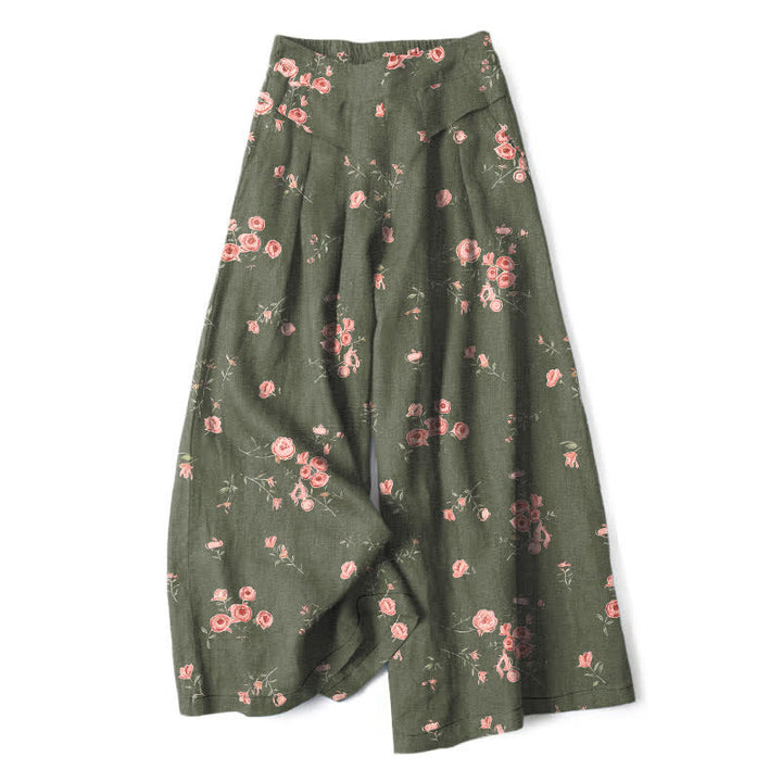 Buddha Stones Pantalon large pour femme en coton et lin à motif rose vintage, taille élastique et poches - Olive - US16，UK/AU20，EU48 (3XL) - image 7