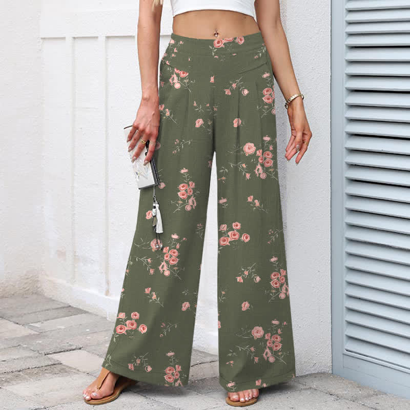 Buddha Stones Pantalon large pour femme en coton et lin à motif rose vintage, taille élastique et poches - image 8
