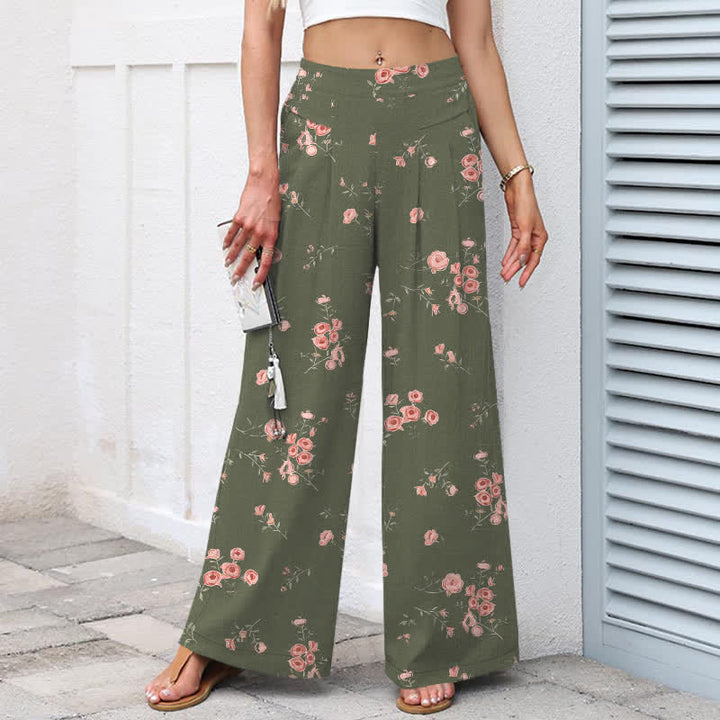 Buddha Stones Pantalon large pour femme en coton et lin à motif rose vintage, taille élastique et poches - image 8