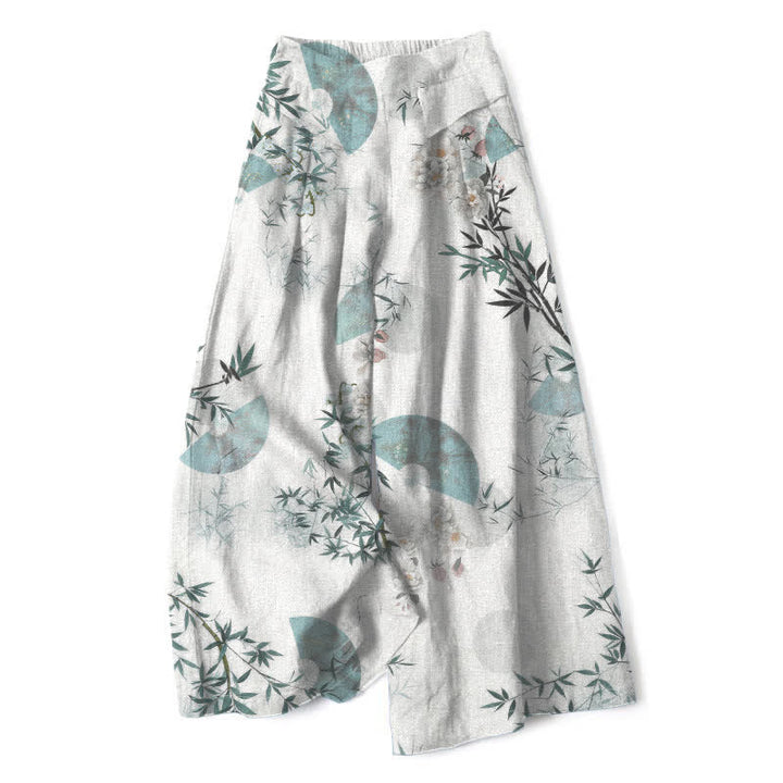 Buddha Stones Pantalon large pour femme en coton et lin à motif de feuilles de bambou orientales, taille élastique et poches - Ivoire - US16，UK/AU20，EU48 (3XL) - image 0