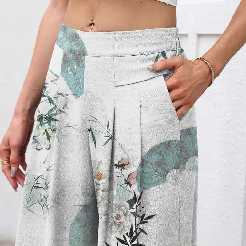Buddha Stones Pantalon large pour femme en coton et lin à motif de feuilles de bambou orientales, taille élastique et poches - image 2