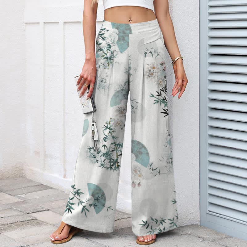 Buddha Stones Pantalon large pour femme en coton et lin à motif de feuilles de bambou orientales, taille élastique et poches - image 1