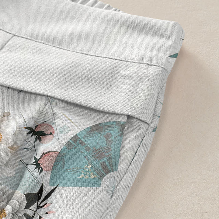 Buddha Stones Pantalon large pour femme en coton et lin à motif de feuilles de bambou orientales, taille élastique et poches - image 3