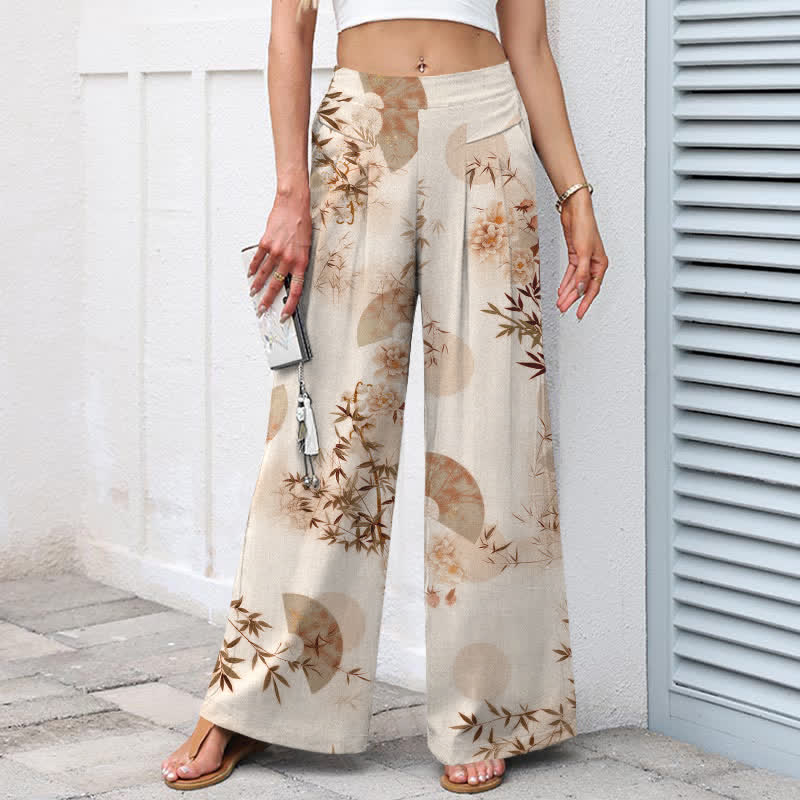 Buddha Stones Pantalon large pour femme en coton et lin à motif de feuilles de bambou orientales, taille élastique et poches - image 6