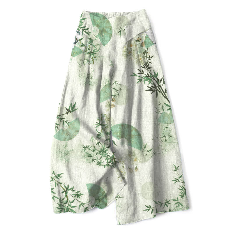 Buddha Stones Pantalon large pour femme en coton et lin à motif de feuilles de bambou orientales, taille élastique et poches - Melon miellat - US16，UK/AU20，EU48 (3XL) - image 7