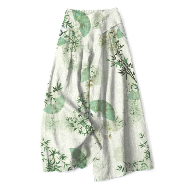 Buddha Stones Pantalon large pour femme en coton et lin à motif de feuilles de bambou orientales, taille élastique et poches - Melon miellat - US16，UK/AU20，EU48 (3XL) - image 7
