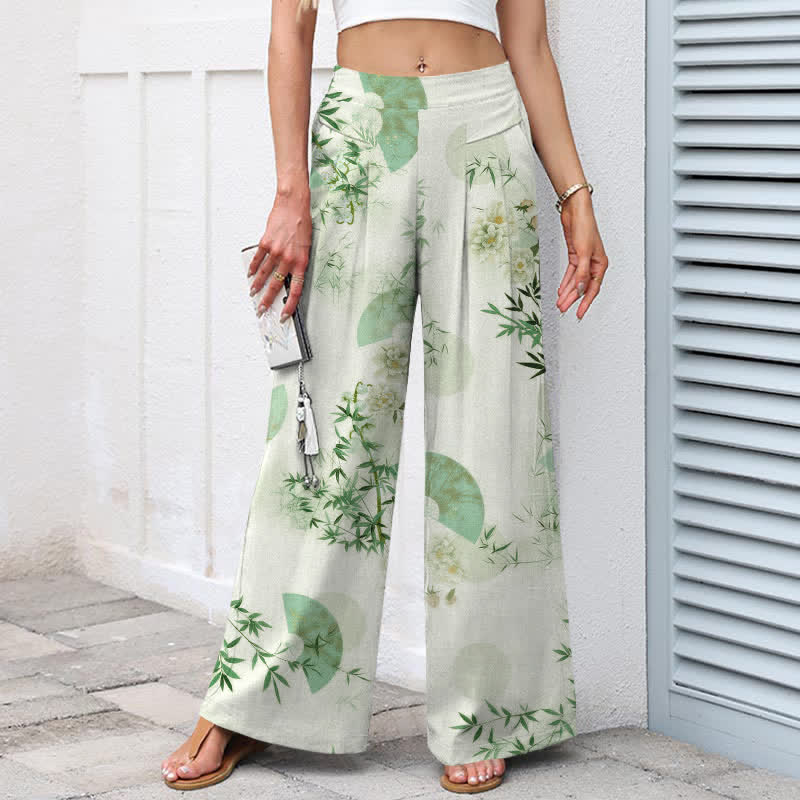 Buddha Stones Pantalon large pour femme en coton et lin à motif de feuilles de bambou orientales, taille élastique et poches - image 8