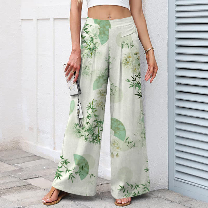 Buddha Stones Pantalon large pour femme en coton et lin à motif de feuilles de bambou orientales, taille élastique et poches - image 8