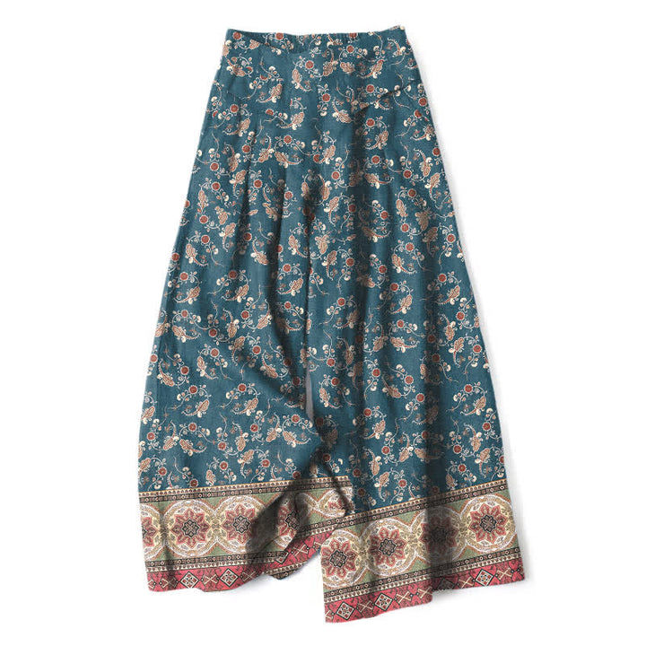 Buddha Stones Pantalon large à taille élastique et poches pour femme, en coton et lin, motif floral bohème - Sarcelle - US16，UK/AU20，EU48 (3XL) - image 0