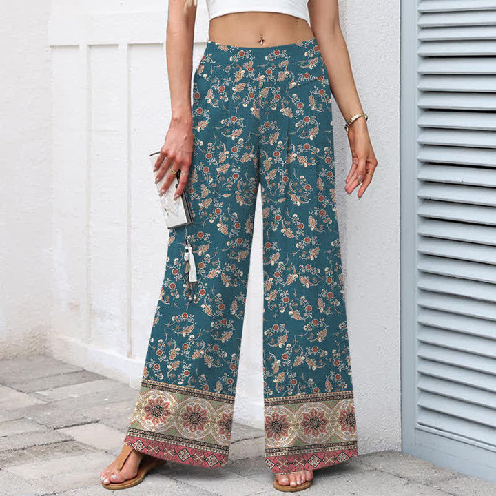 Buddha Stones Pantalon large à taille élastique et poches pour femme, en coton et lin, motif floral bohème - image 1