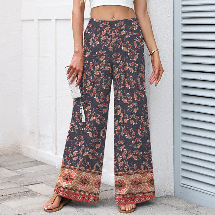 Buddha Stones Pantalon large à taille élastique et poches pour femme, en coton et lin, motif floral bohème - image 6