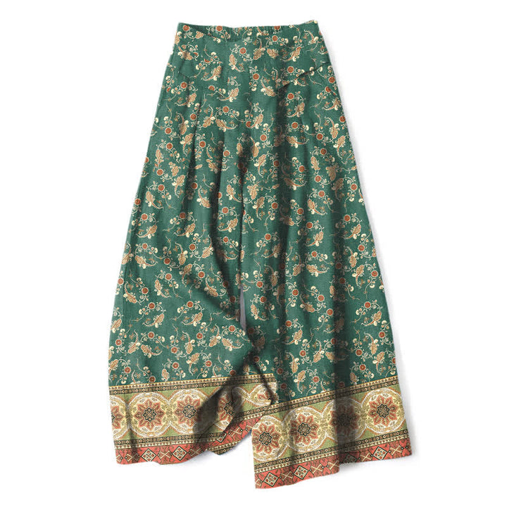 Buddha Stones Pantalon large à taille élastique et poches pour femme, en coton et lin, motif floral bohème - Vert forêt - US16，UK/AU20，EU48 (3XL) - image 7