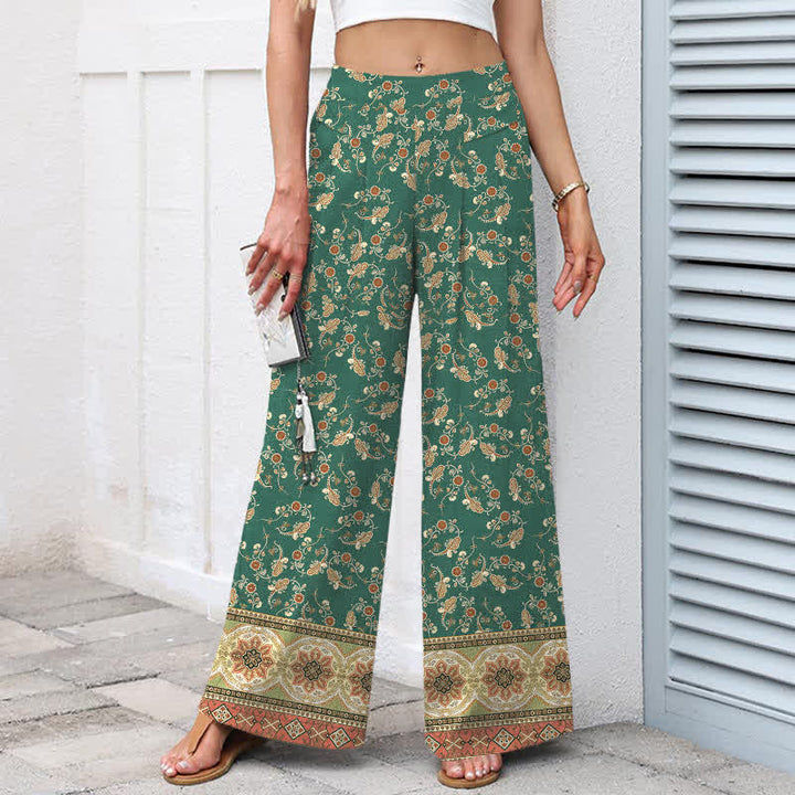 Buddha Stones Pantalon large à taille élastique et poches pour femme, en coton et lin, motif floral bohème - image 8