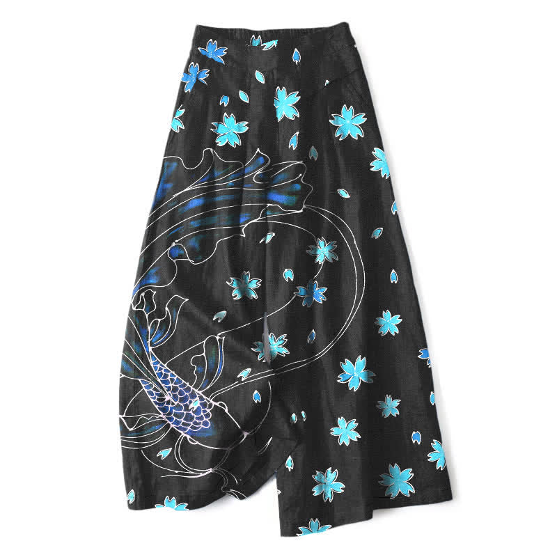 Buddha Stones Pantalon large en coton et lin à motif floral et carpes koï pour femme, avec poches et taille élastique - Noir - US16，UK/AU20，EU48 (3XL) - image 0