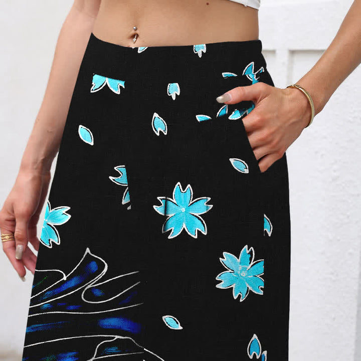Buddha Stones Pantalon large en coton et lin à motif floral et carpes koï pour femme, avec poches et taille élastique - image 2