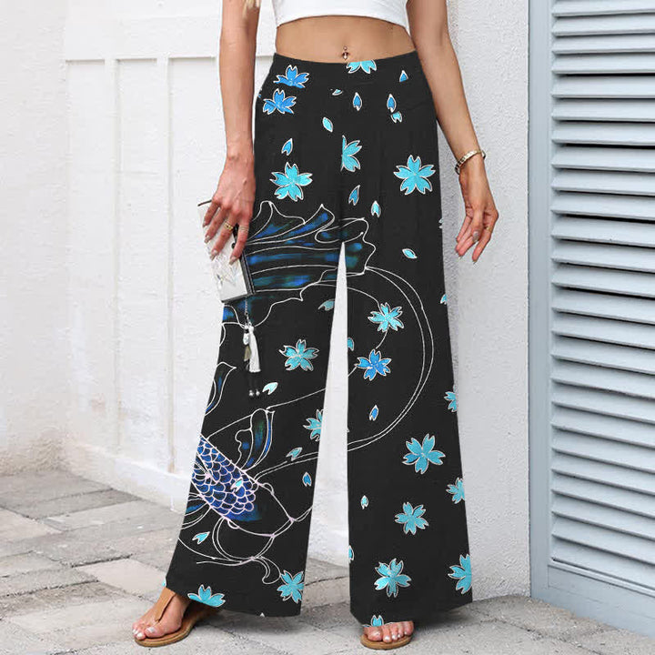 Buddha Stones Pantalon large en coton et lin à motif floral et carpes koï pour femme, avec poches et taille élastique - image 1