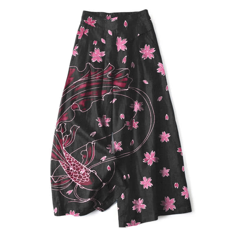 Buddha Stones Pantalon large en coton et lin à motif floral et carpes koï pour femme, avec poches et taille élastique - Rouge violet pâle - US16，UK/AU20，EU48 (3XL) - image 5