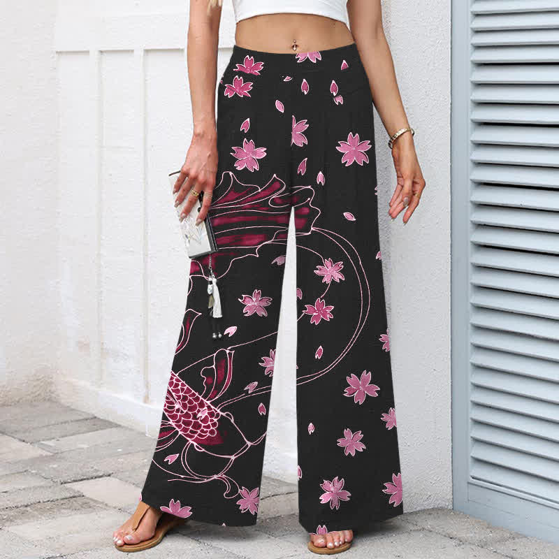 Buddha Stones Pantalon large en coton et lin à motif floral et carpes koï pour femme, avec poches et taille élastique - image 6