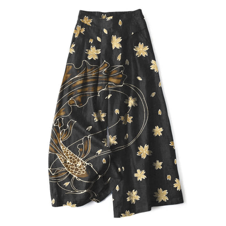 Buddha Stones Pantalon large en coton et lin à motif floral et carpes koï pour femme, avec poches et taille élastique - Jaune d'or pâle - US16，UK/AU20，EU48 (3XL) - image 7