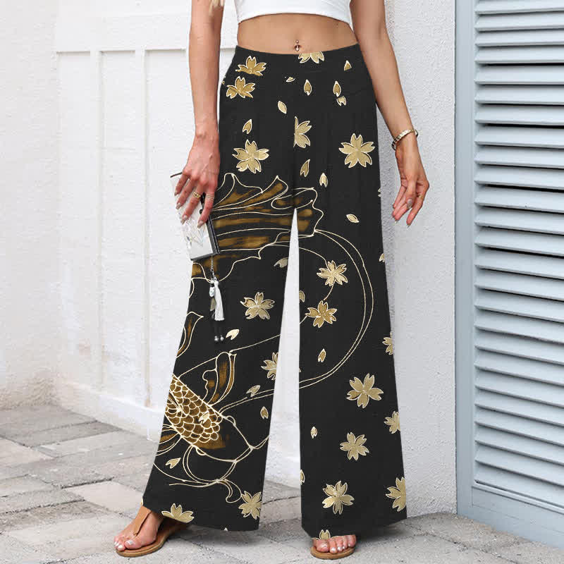 Buddha Stones Pantalon large en coton et lin à motif floral et carpes koï pour femme, avec poches et taille élastique - image 8