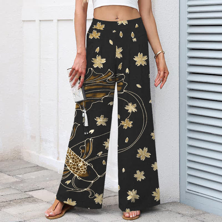 Buddha Stones Pantalon large en coton et lin à motif floral et carpes koï pour femme, avec poches et taille élastique - image 8