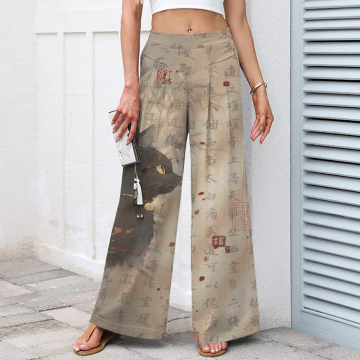 Buddha Stones Pantalon large en coton et lin à motif de chat calligraphié pour femme, taille élastique et poches - image 1