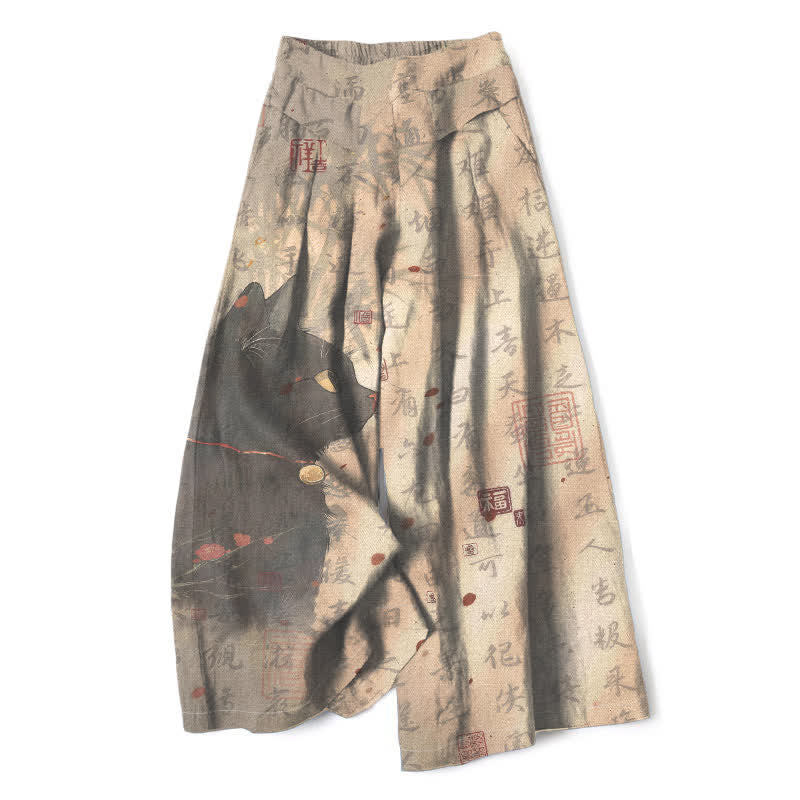 Buddha Stones Pantalon large en coton et lin à motif de chat calligraphié pour femme, taille élastique et poches - Tanné - US16，UK/AU20，EU48 (3XL) - image 0