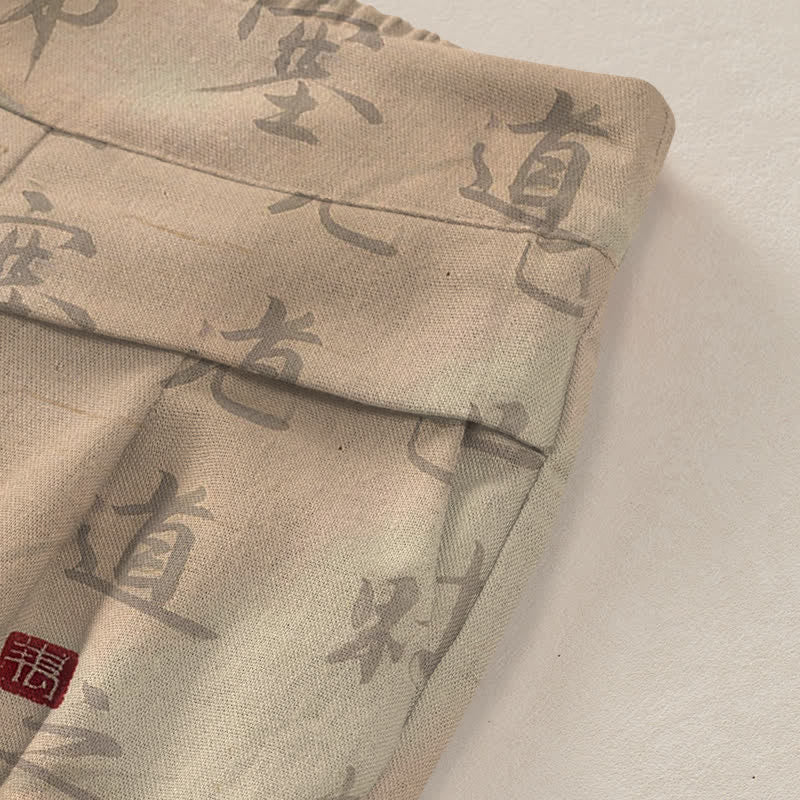 Buddha Stones Pantalon large en coton et lin à motif de chat calligraphié pour femme, taille élastique et poches - image 3