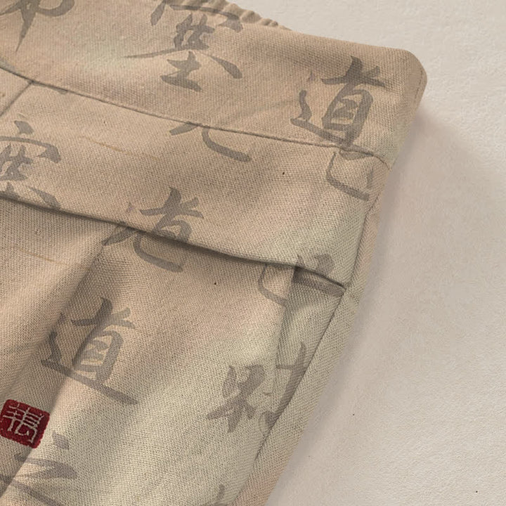 Buddha Stones Pantalon large en coton et lin à motif de chat calligraphié pour femme, taille élastique et poches - image 3