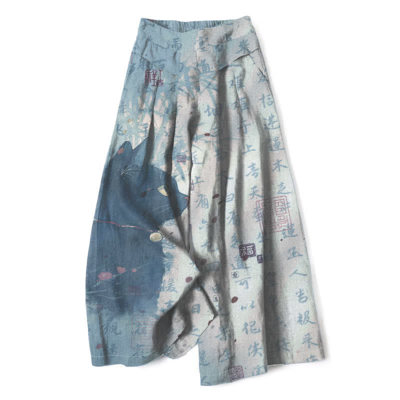 Buddha Stones Pantalon large en coton et lin à motif de chat calligraphié pour femme, taille élastique et poches - Bleu acier clair - US16，UK/AU20，EU48 (3XL) - image 5