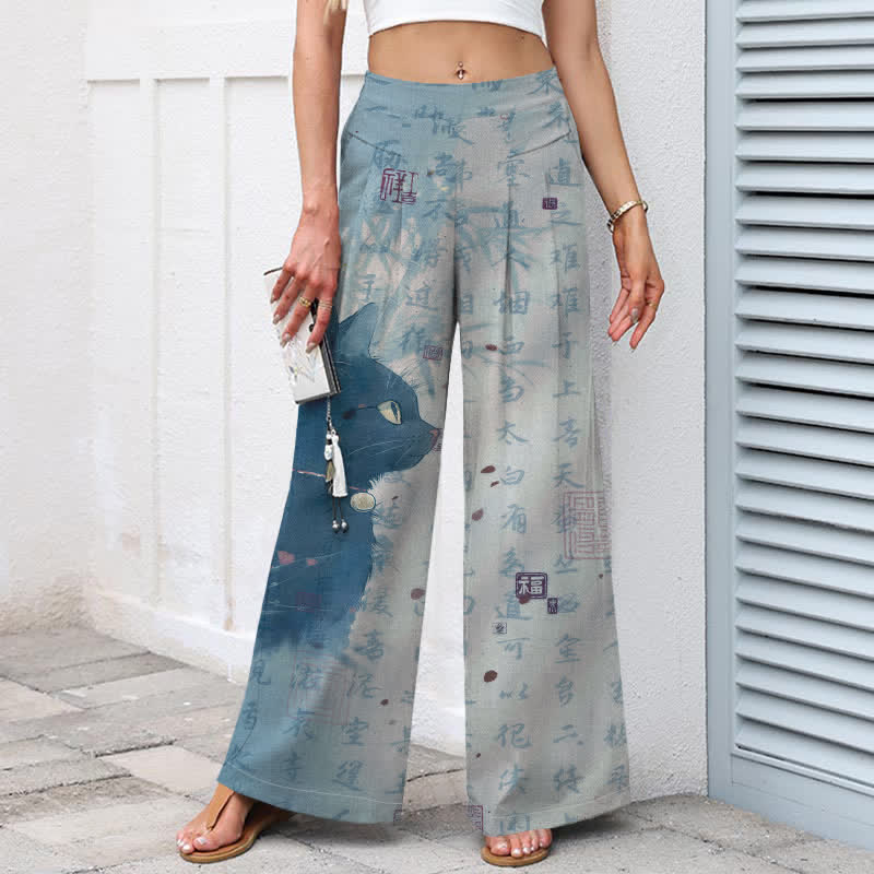 Buddha Stones Pantalon large en coton et lin à motif de chat calligraphié pour femme, taille élastique et poches - image 6