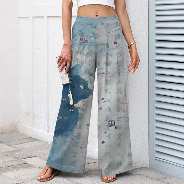 Buddha Stones Pantalon large en coton et lin à motif de chat calligraphié pour femme, taille élastique et poches - image 6