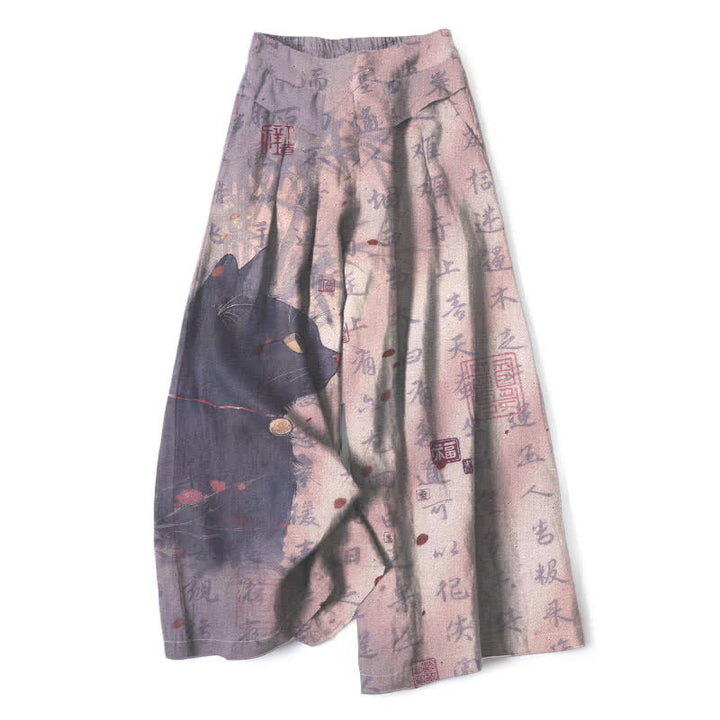 Buddha Stones Pantalon large en coton et lin à motif de chat calligraphié pour femme, taille élastique et poches - Chardon - US16，UK/AU20，EU48 (3XL) - image 7