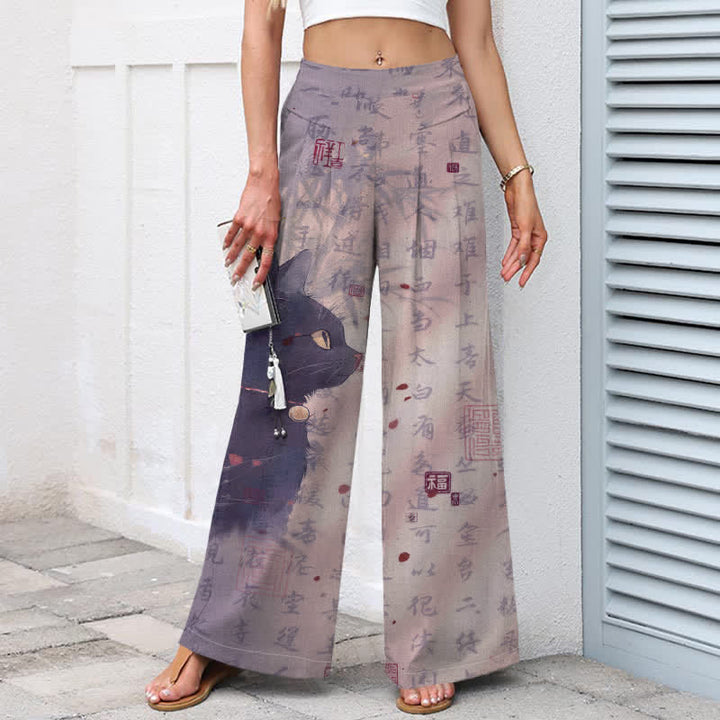 Buddha Stones Pantalon large en coton et lin à motif de chat calligraphié pour femme, taille élastique et poches - image 8