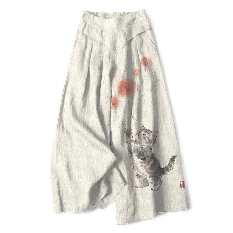 Buddha Stones Pantalon large en coton et lin à motif floral et chat aquarelle pour femme, taille élastique et poches - Ivoire - US16，UK/AU20，EU48 (3XL) - image 0