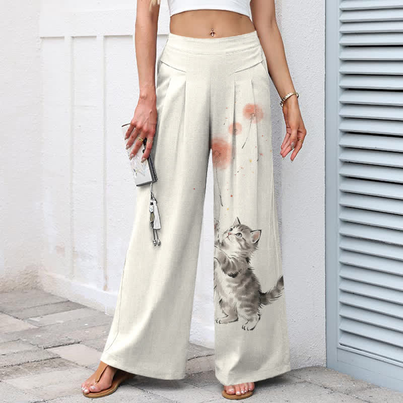 Buddha Stones Pantalon large en coton et lin à motif floral et chat aquarelle pour femme, taille élastique et poches - image 1