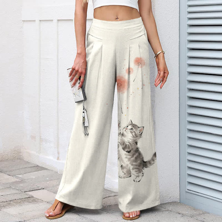 Buddha Stones Pantalon large en coton et lin à motif floral et chat aquarelle pour femme, taille élastique et poches - image 1