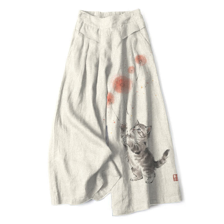 Buddha Stones Pantalon large en coton et lin à motif floral et chat aquarelle pour femme, taille élastique et poches - Ivoire - US16，UK/AU20，EU48 (3XL) - image 0
