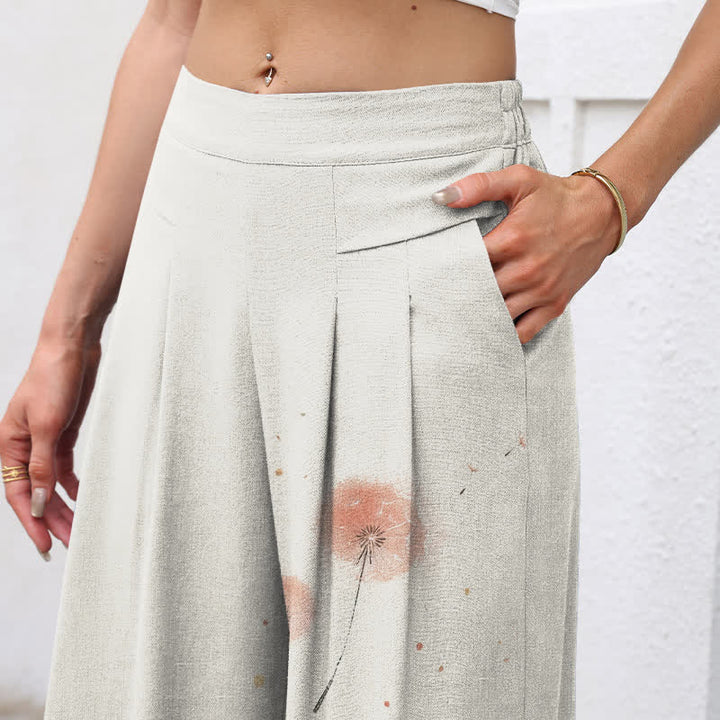 Buddha Stones Pantalon large en coton et lin à motif floral et chat aquarelle pour femme, taille élastique et poches - image 2