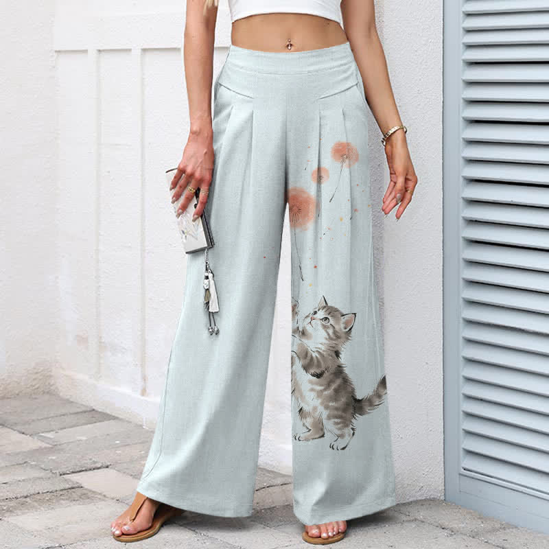 Buddha Stones Pantalon large en coton et lin à motif floral et chat aquarelle pour femme, taille élastique et poches - image 6