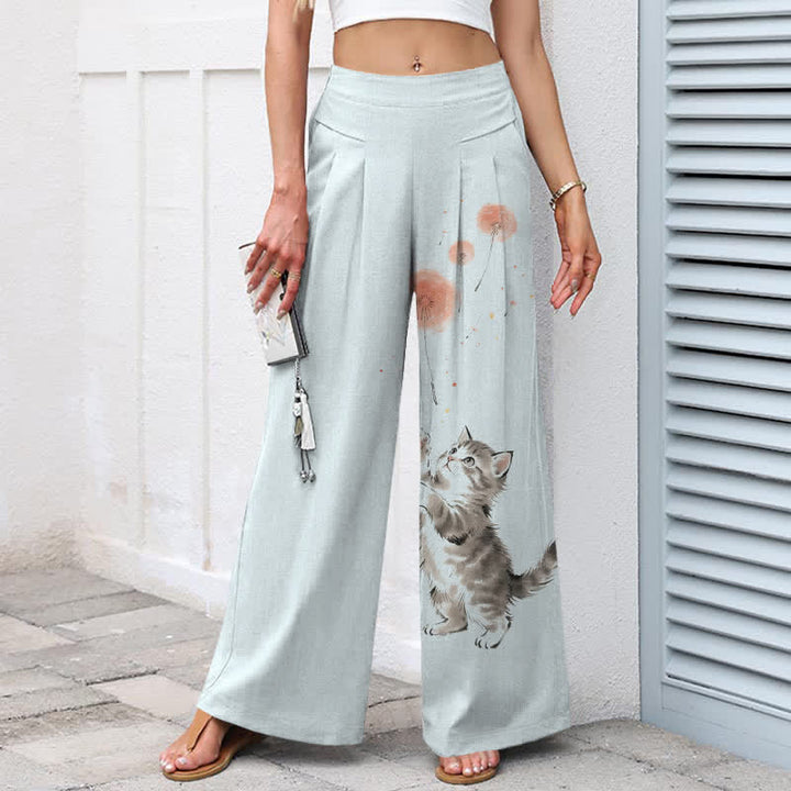 Buddha Stones Pantalon large en coton et lin à motif floral et chat aquarelle pour femme, taille élastique et poches - image 6