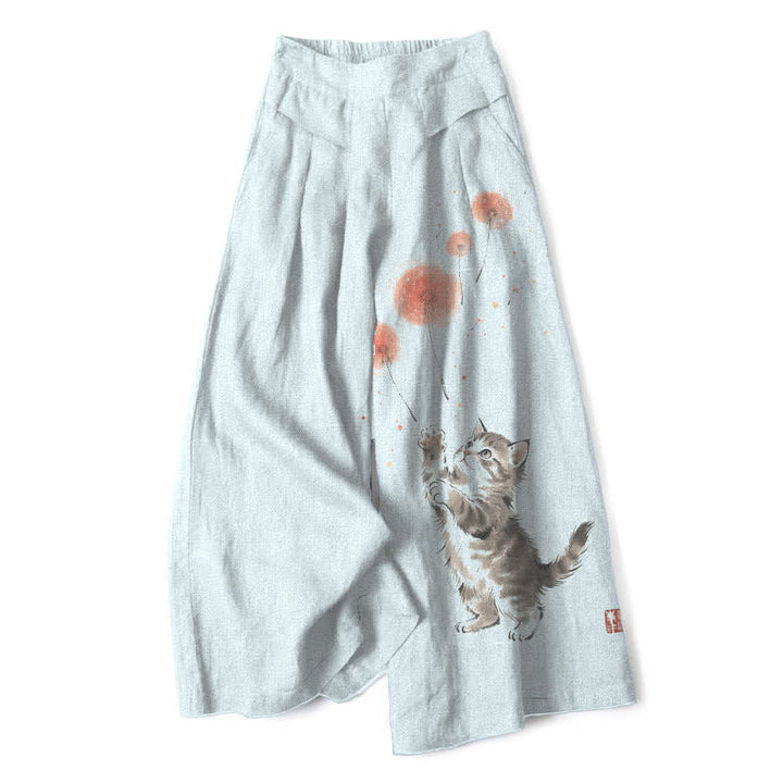 Buddha Stones Pantalon large en coton et lin à motif floral et chat aquarelle pour femme, taille élastique et poches - AliceBlue - US16，UK/AU20，EU48 (3XL) - image 5