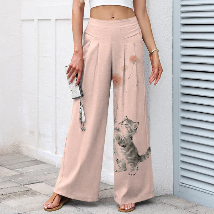 Buddha Stones Pantalon large en coton et lin à motif floral et chat aquarelle pour femme, taille élastique et poches - image 8