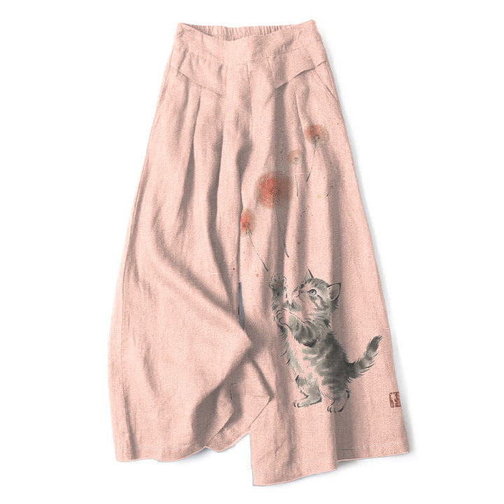 Buddha Stones Pantalon large en coton et lin à motif floral et chat aquarelle pour femme, taille élastique et poches - PeachPuff - US16，UK/AU20，EU48 (3XL) - image 7